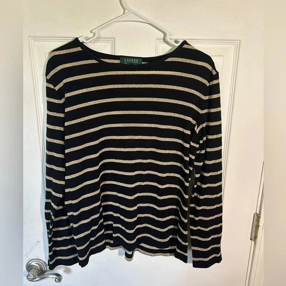 Lauren Ralph Lauren Tops - Lauren Ralph Lauren LRL Women XL Metallic Striped Shirt Long Sleeve Black Gold